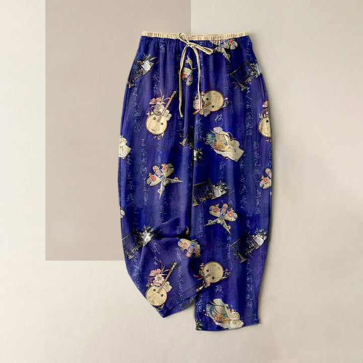 Buddha Stones Damskie spodnie z elastycznej talii z kieszeniami, z czystej bawełny, w drobne kwiatowe wzory - RoyalBlue - US16, UK/AU20, EU48 (3XL) - image 0