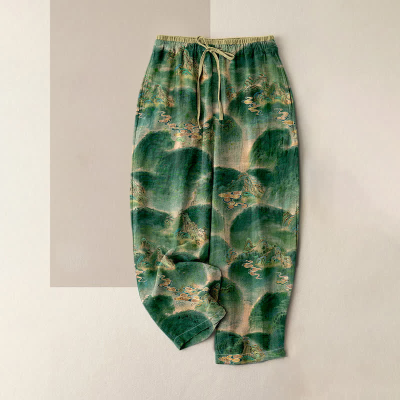 Buddha Stones Spodnie damskie z elastyczną talią i kieszeniami, z czystej bawełny, w górskie wzory - ForestGreen - US16, UK/AU20, EU48 (3XL) - image 0