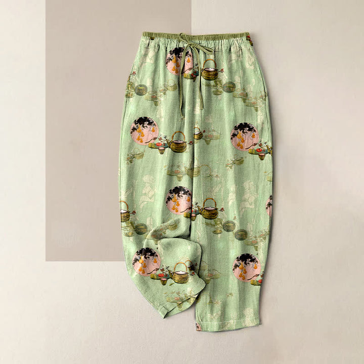Buddha Stones Spodnie damskie z elastyczną talią i kieszeniami, wykonane z czystej bawełny, w orientalny wzór kosza kwiatowego - PaleGreen - US16, UK/AU20, EU48 (3XL) - image 0
