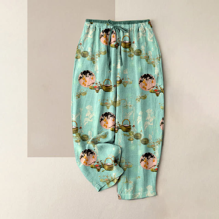 Buddha Stones Spodnie damskie z elastyczną talią i kieszeniami, wykonane z czystej bawełny, w orientalny wzór kosza kwiatowego - Turkus - US16, UK/AU20, EU48 (3XL) - image 3