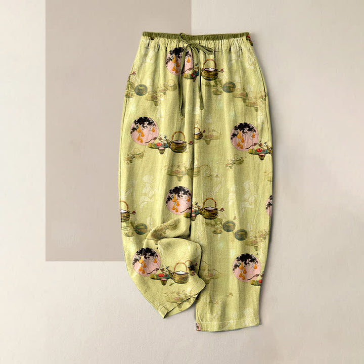 Buddha Stones Spodnie damskie z elastyczną talią i kieszeniami, wykonane z czystej bawełny, w orientalny wzór kosza kwiatowego - Khaki - US16, UK/AU20, EU48 (3XL) - image 4