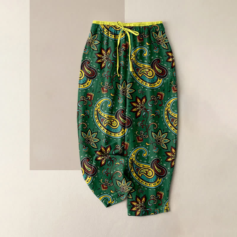 Buddha Stones Spodnie damskie typu harem z czystej bawełny, z elastycznym pasem i wzorem paisley w kwiaty i kieszeniami - ForestGreen - US16, UK/AU20, EU48 (3XL) - image 0