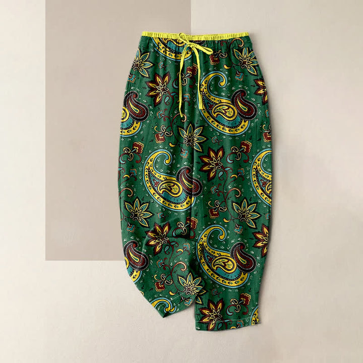 Buddha Stones Spodnie damskie typu harem z czystej bawełny, z elastycznym pasem i wzorem paisley w kwiaty i kieszeniami - ForestGreen - US16, UK/AU20, EU48 (3XL) - image 0