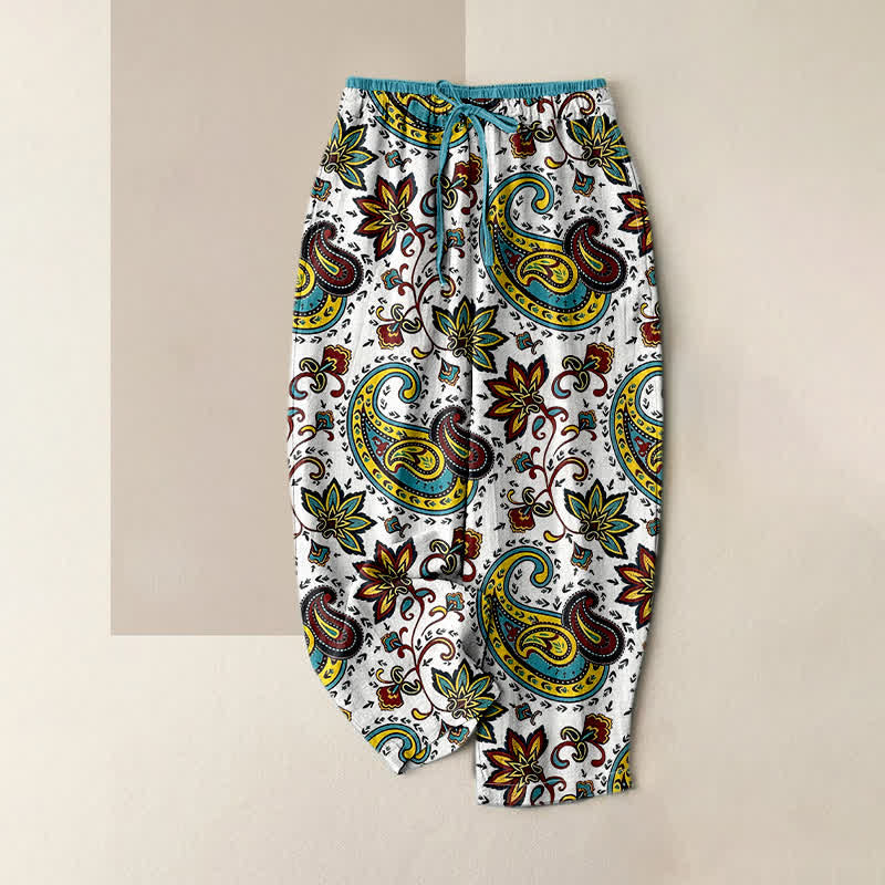 Buddha Stones Spodnie damskie typu harem z czystej bawełny, z elastycznym pasem i wzorem paisley w kwiaty i kieszeniami - Biały - US16, UK/AU20, EU48 (3XL) - image 3