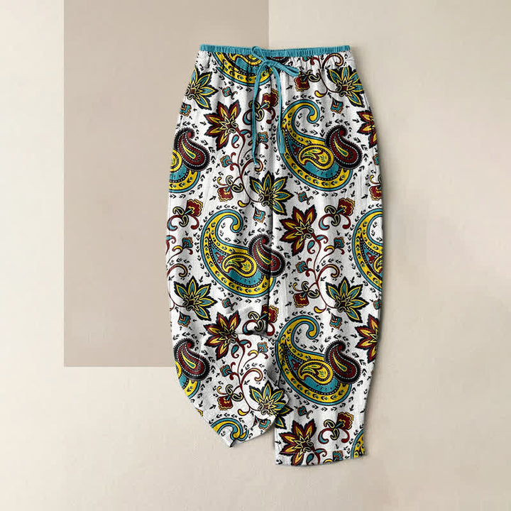 Buddha Stones Spodnie damskie typu harem z czystej bawełny, z elastycznym pasem i wzorem paisley w kwiaty i kieszeniami - Biały - US16, UK/AU20, EU48 (3XL) - image 3