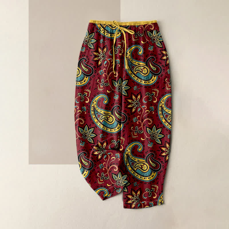 Buddha Stones Spodnie damskie typu harem z czystej bawełny, z elastycznym pasem i wzorem paisley w kwiaty i kieszeniami - Kasztanowaty - US16, UK/AU20, EU48 (3XL) - image 4