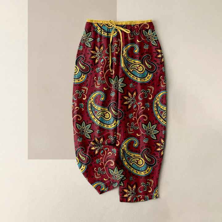 Buddha Stones Spodnie damskie typu harem z czystej bawełny, z elastycznym pasem i wzorem paisley w kwiaty i kieszeniami - Kasztanowaty - US16, UK/AU20, EU48 (3XL) - image 4