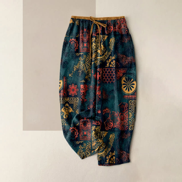 Buddha Stones Spodnie damskie z elastycznej talii z bawełny w kwiatowy wzór i kieszeniami - Cyraneczka - US16, UK/AU20, EU48 (3XL) - image 0