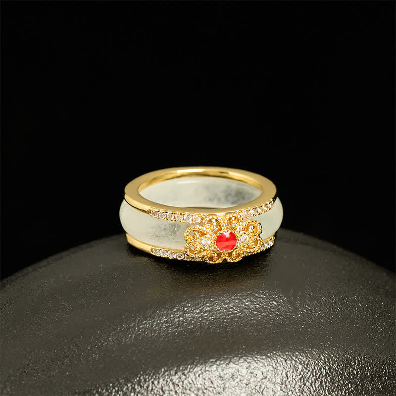 Buddha Stones Pierścień z pozłacanej miedzi ze szklanym kwiatem Wealth - image 1