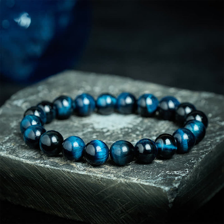 Buddha Stones Bransoletka ochronna z naturalnych niebieskich koralików tygrysiego oka - 12 mm Tygrysie Oko (obwód nadgarstka: 17-18 cm) - image 0