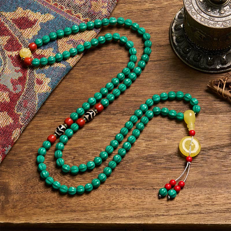 Buddha Stones Tybetańskie koraliki 108 turkusowych koralików dyniowych Dzi Bead Mala do pozytywnego myślenia - image 2