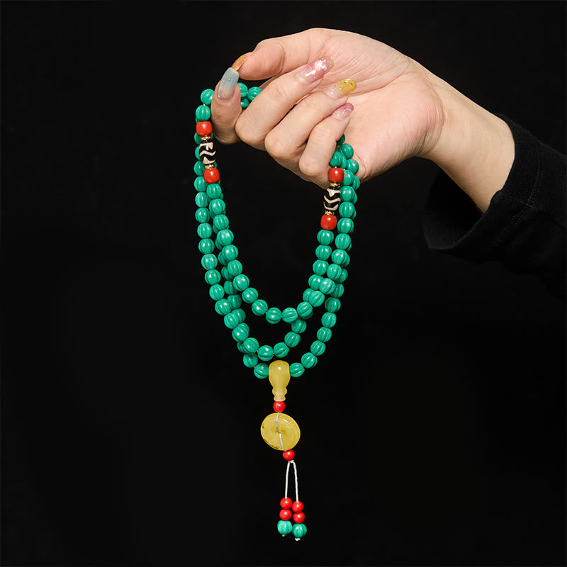 Buddha Stones Tybetańskie koraliki 108 turkusowych koralików dyniowych Dzi Bead Mala do pozytywnego myślenia - image 3