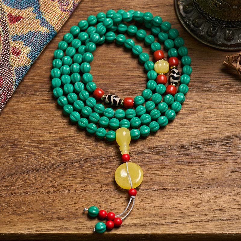 Buddha Stones Tybetańskie koraliki 108 turkusowych koralików dyniowych Dzi Bead Mala do pozytywnego myślenia - 8mm*108 - image 0