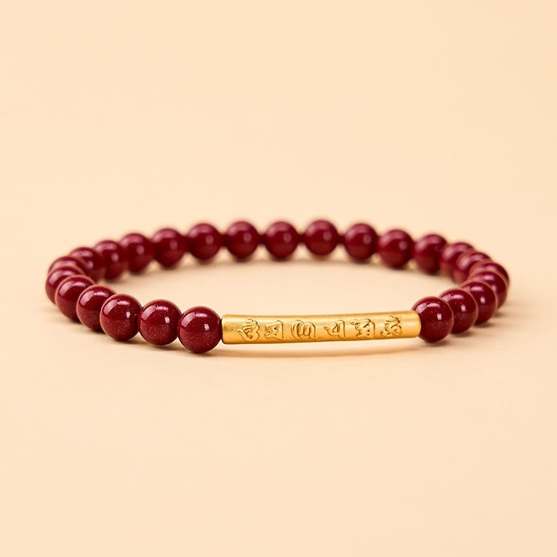 Buddha Stones Bransoletka mądrości Om Mani Padme Hum z cynobru i srebra próby 999 - Cinnabar Gold (obwód nadgarstka: 14–15 cm) - image 0