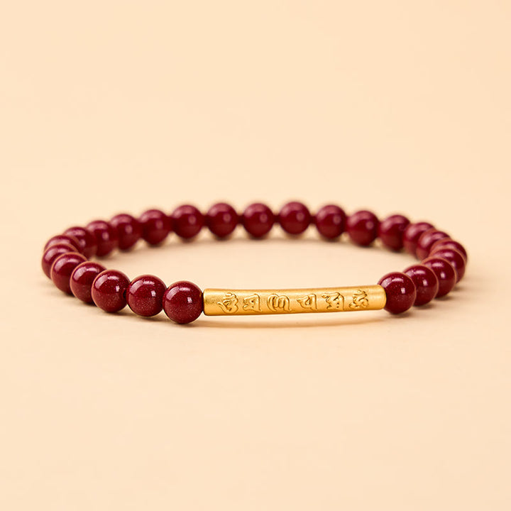 Buddha Stones Bransoletka mądrości Om Mani Padme Hum z cynobru i srebra próby 999 - Cinnabar Gold (obwód nadgarstka: 14–15 cm) - image 0