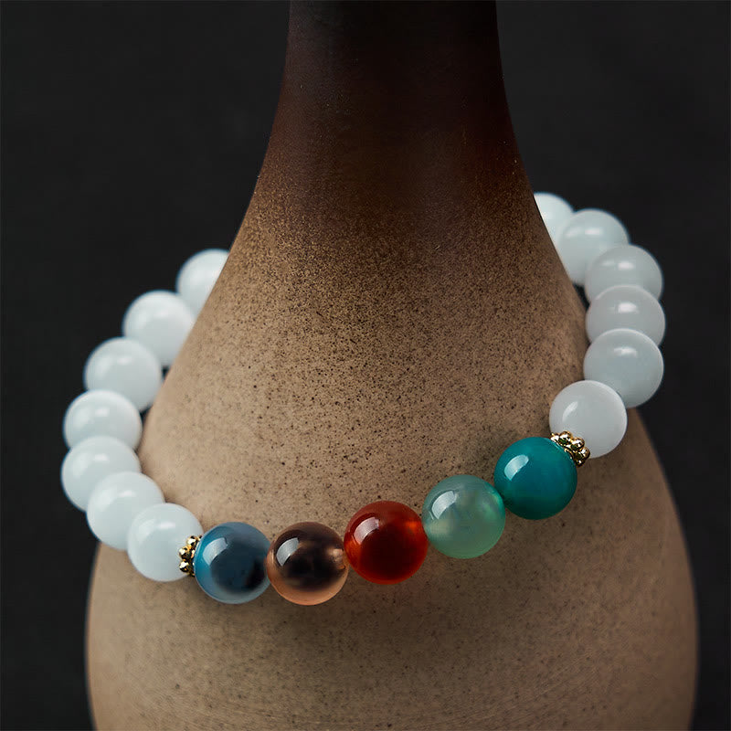 Buddha Stones Bransoletka z białego kociego oka z kolorowym agatem cukrowym - image 4