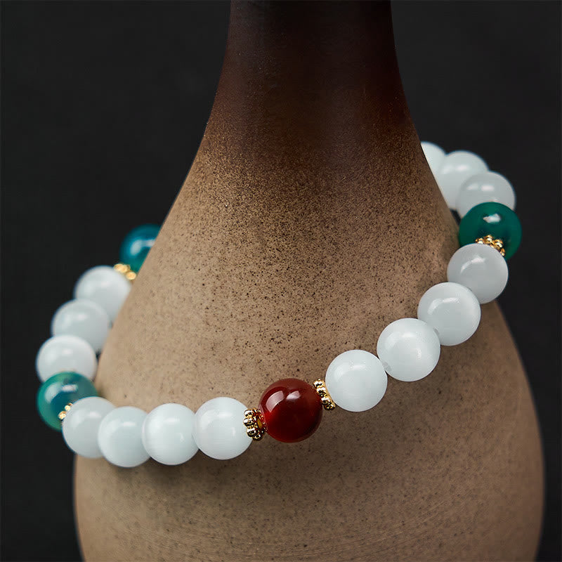 Buddha Stones Bransoletka z białego kociego oka z kolorowym agatem cukrowym - image 12