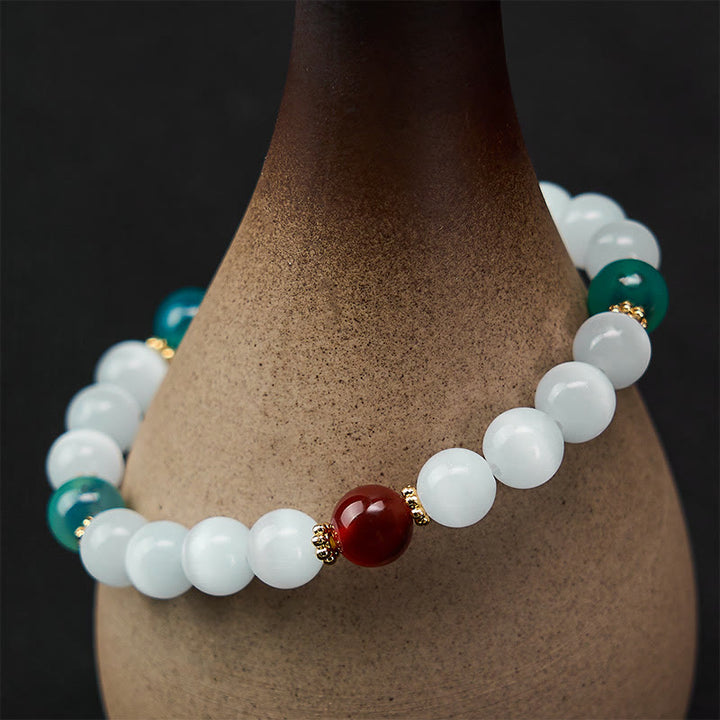 Buddha Stones Bransoletka z białego kociego oka z kolorowym agatem cukrowym - image 12
