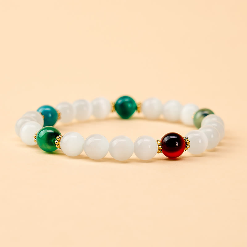 Buddha Stones Bransoletka z białego kociego oka z kolorowym agatem cukrowym - image 9