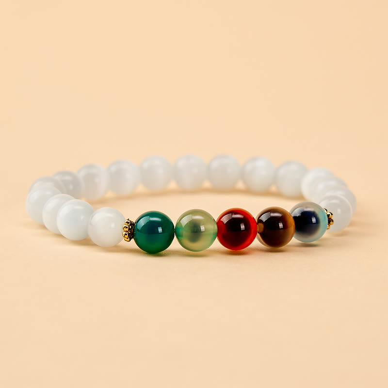 Buddha Stones Bransoletka z białego kociego oka z kolorowym agatem cukrowym - image 1