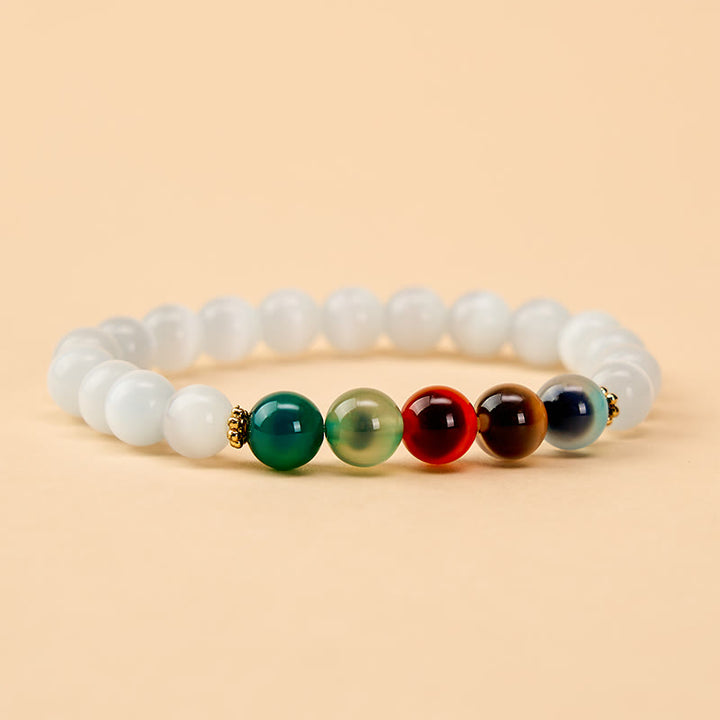 Buddha Stones Bransoletka z białego kociego oka z kolorowym agatem cukrowym - image 1