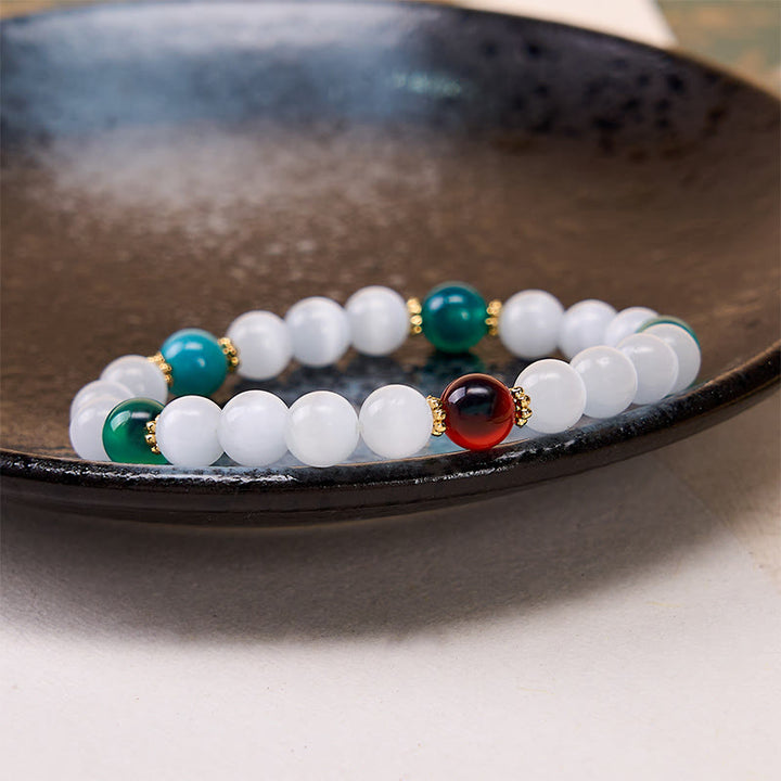 Buddha Stones Bransoletka z białego kociego oka z kolorowym agatem cukrowym - image 10