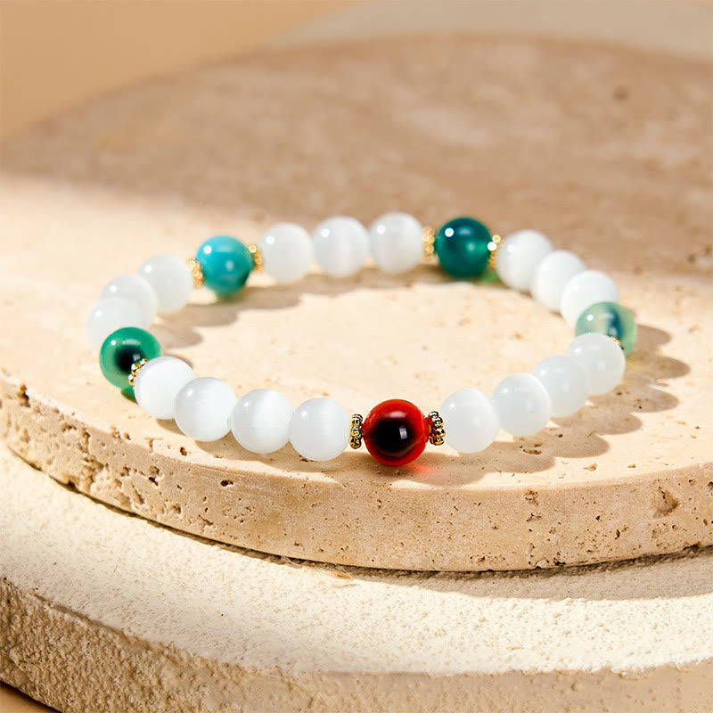 Buddha Stones Bransoletka z białego kociego oka z kolorowym agatem cukrowym - Biały agat cukrowy w kształcie kociego oka (obwód nadgarstka 15–16 cm) - image 8