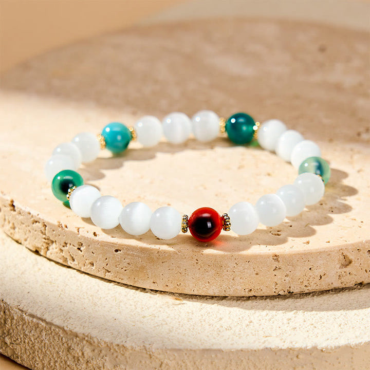 Buddha Stones Bransoletka z białego kociego oka z kolorowym agatem cukrowym - Biały agat cukrowy w kształcie kociego oka (obwód nadgarstka 15–16 cm) - image 8