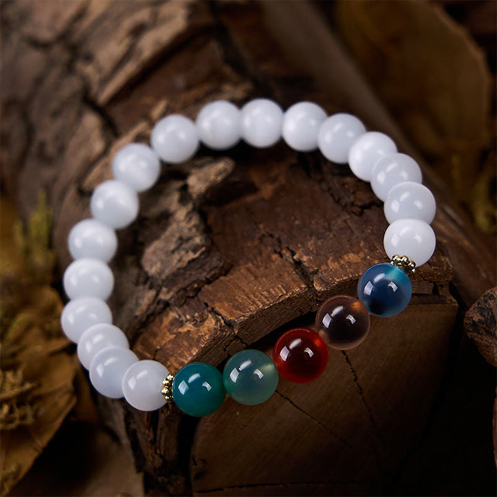 Buddha Stones Bransoletka z białego kociego oka z kolorowym agatem cukrowym - image 3