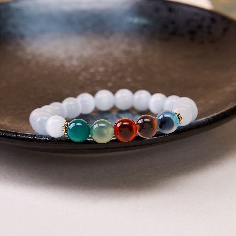 Buddha Stones Bransoletka z białego kociego oka z kolorowym agatem cukrowym - image 2