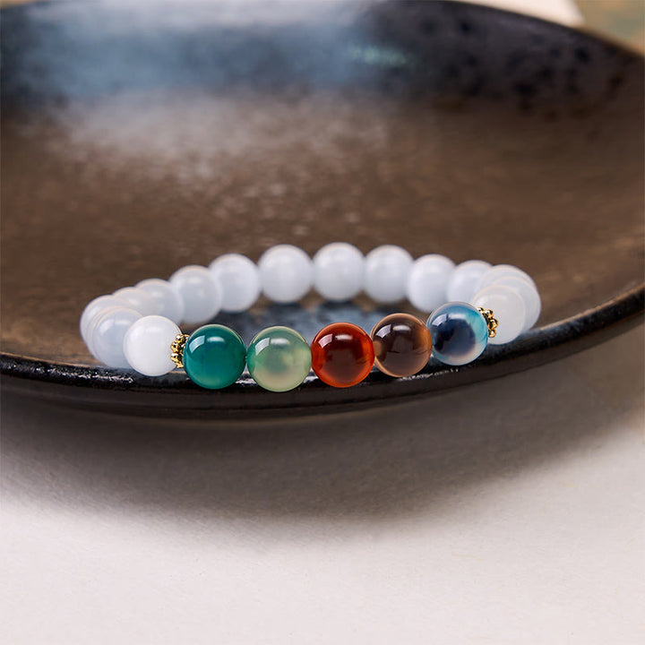 Buddha Stones Bransoletka z białego kociego oka z kolorowym agatem cukrowym - image 2