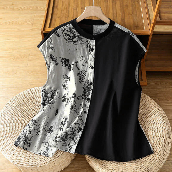 Buddha Stones Letnie, minimalistyczne, asymetryczne koszule damskie bez rękawów ze stójką i kwiatowym nadrukiem - Biały - US12, UK/AU16, EU44 (2XL) - image 0