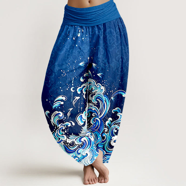 Buddha Stones Spodnie damskie typu harem z elastycznej talii z czystej bawełny w gradientowe wzory fal oceanicznych - RoyalBlue - US16, UK/AU20, EU48 (3XL) - image 0