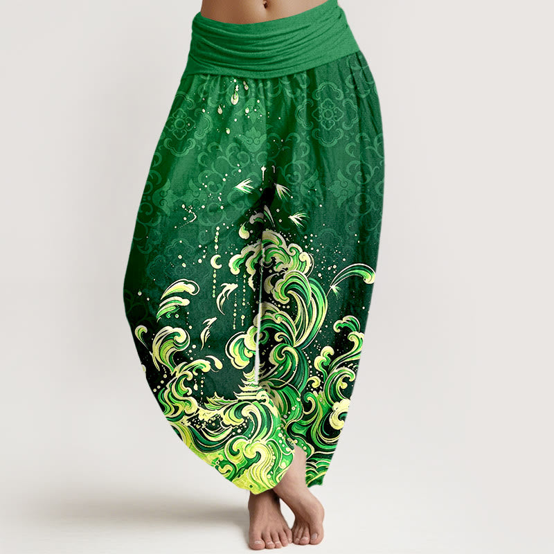 Buddha Stones Spodnie damskie typu harem z elastycznej talii z czystej bawełny w gradientowe wzory fal oceanicznych - ForestGreen - US16, UK/AU20, EU48 (3XL) - image 5
