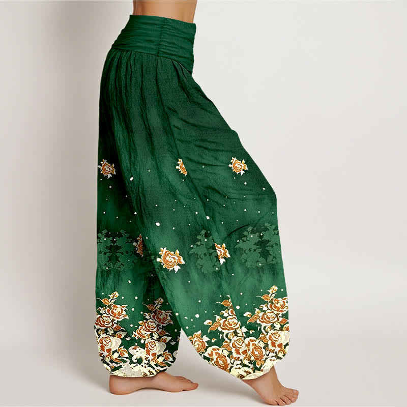 Buddha Stones Spodnie damskie harem z elastycznej talii z czystej bawełny w kwiaty w stylu vintage z różą - image 2