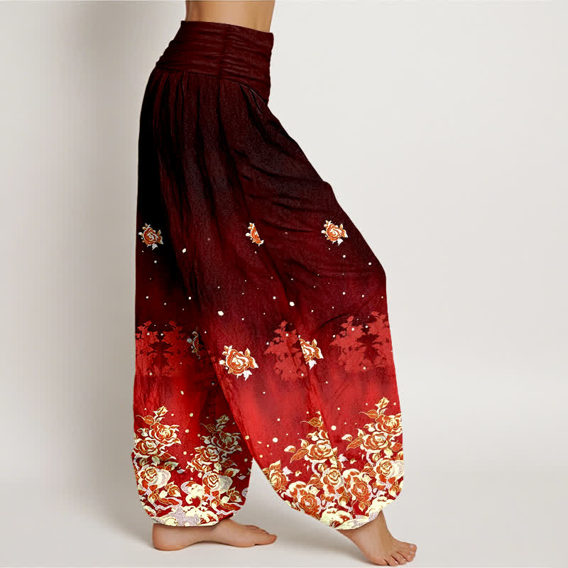 Buddha Stones Spodnie damskie harem z elastycznej talii z czystej bawełny w kwiaty w stylu vintage z różą - image 7