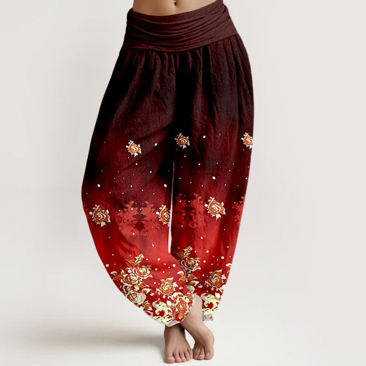 Buddha Stones Spodnie damskie harem z elastycznej talii z czystej bawełny w kwiaty w stylu vintage z różą - Kasztanowaty - US16, UK/AU20, EU48 (3XL) - image 5