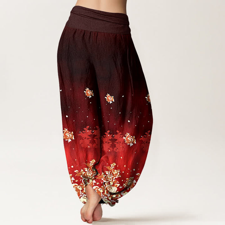 Buddha Stones Spodnie damskie harem z elastycznej talii z czystej bawełny w kwiaty w stylu vintage z różą - image 6