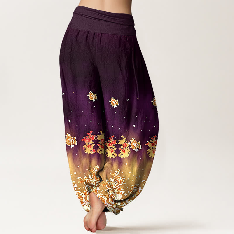Buddha Stones Spodnie damskie harem z elastycznej talii z czystej bawełny w kwiaty w stylu vintage z różą - image 9
