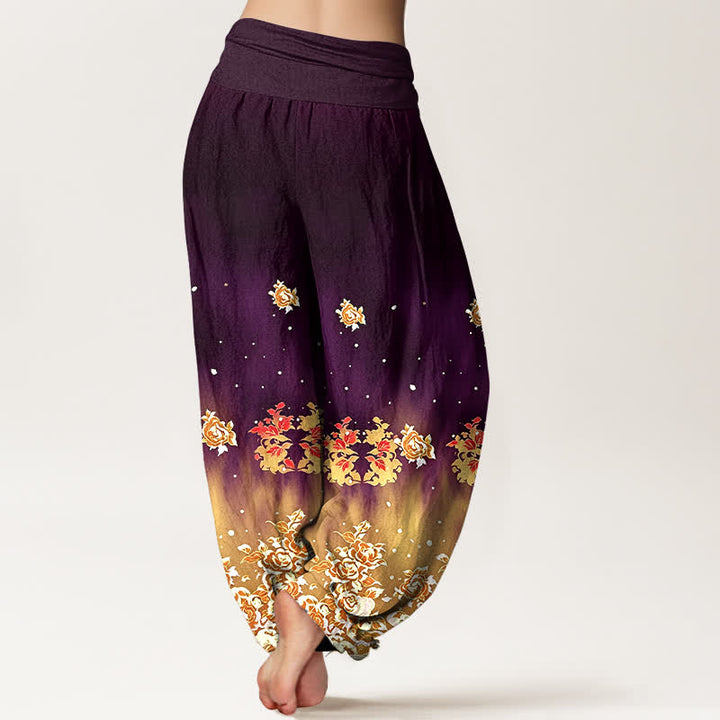 Buddha Stones Spodnie damskie harem z elastycznej talii z czystej bawełny w kwiaty w stylu vintage z różą - image 9