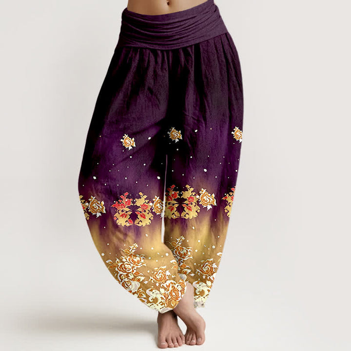 Buddha Stones Spodnie damskie harem z elastycznej talii z czystej bawełny w kwiaty w stylu vintage z różą - Fioletowy - US16, UK/AU20, EU48 (3XL) - image 8