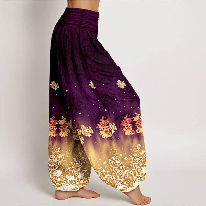 Buddha Stones Spodnie damskie harem z elastycznej talii z czystej bawełny w kwiaty w stylu vintage z różą - image 10