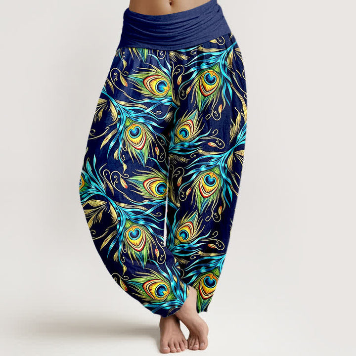 Buddha Stones Spodnie damskie typu harem z elastycznej talii z czystej bawełny z wzorem pawiego pióra - Marynarka wojenna - US16, UK/AU20, EU48 (3XL) - image 0