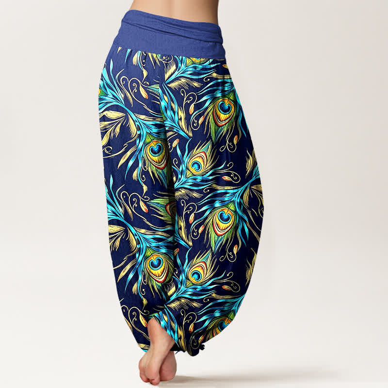 Buddha Stones Spodnie damskie typu harem z elastycznej talii z czystej bawełny z wzorem pawiego pióra - image 1