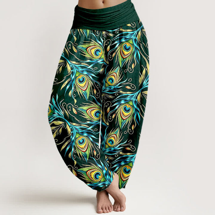 Buddha Stones Spodnie damskie typu harem z elastycznej talii z czystej bawełny z wzorem pawiego pióra - ForestGreen - US16, UK/AU20, EU48 (3XL) - image 5