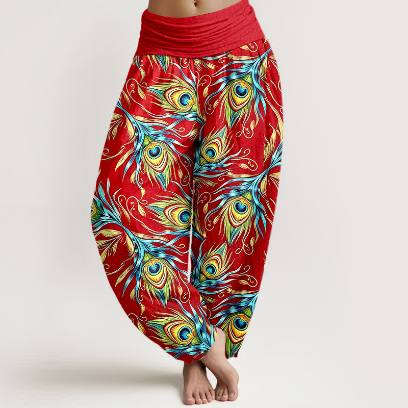 Buddha Stones Spodnie damskie typu harem z elastycznej talii z czystej bawełny z wzorem pawiego pióra - Czerwony - US16, UK/AU20, EU48 (3XL) - image 8