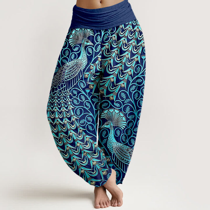 Buddha Stones Spodnie damskie typu harem z elastycznej talii z czystej bawełny z wzorem pawiego pióra - Marynarka wojenna - US16, UK/AU20, EU48 (3XL) - image 0