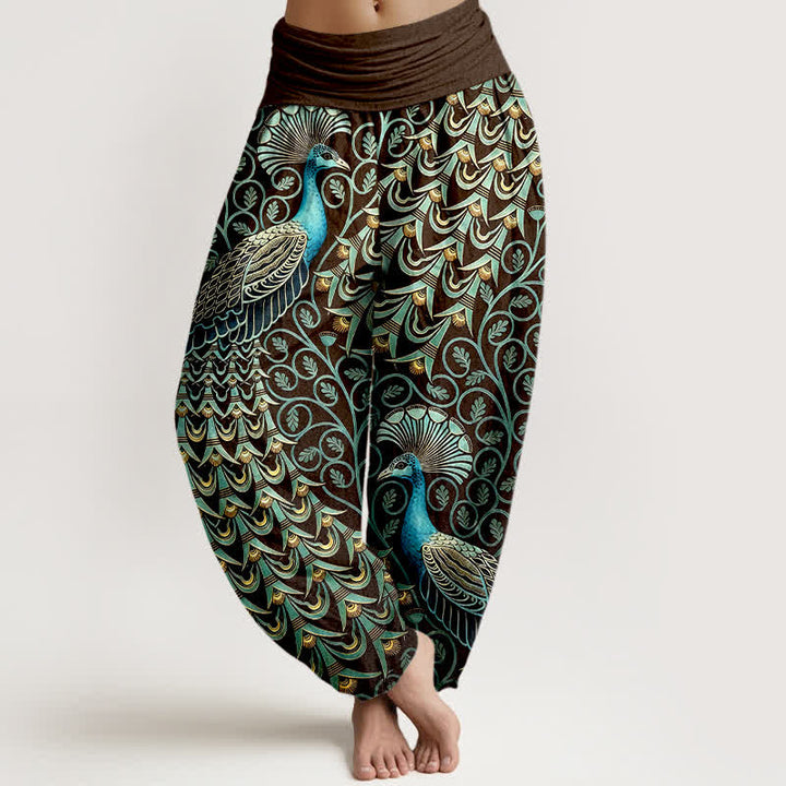 Buddha Stones Spodnie damskie typu harem z elastycznej talii z czystej bawełny z wzorem pawiego pióra - Brązowy - US16, UK/AU20, EU48 (3XL) - image 5