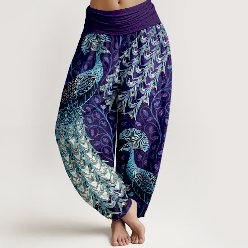 Buddha Stones Spodnie damskie typu harem z elastycznej talii z czystej bawełny z wzorem pawiego pióra - Indygo - US16, UK/AU20, EU48 (3XL) - image 8