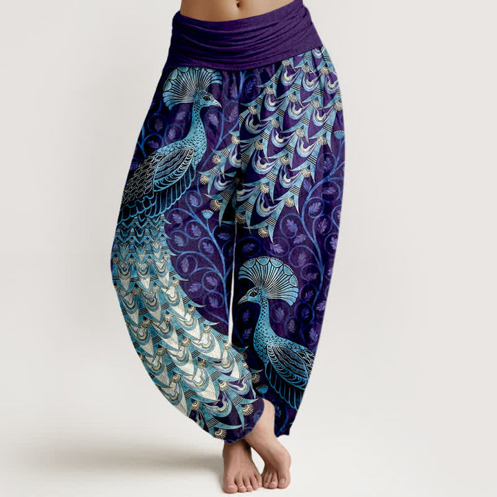 Buddha Stones Spodnie damskie typu harem z elastycznej talii z czystej bawełny z wzorem pawiego pióra - Indygo - US16, UK/AU20, EU48 (3XL) - image 8